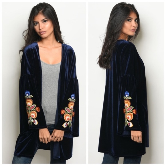 Blue Velvet Embroidered Kimono Cardigan - Picture 1 of 4